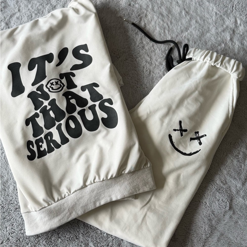 Cream Graphic Sweatshirt & Jogger Set with Black Slogan